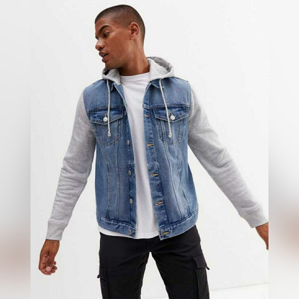 DIVIDED H & M Mens Distressed Trucker Jacket With Hood - L